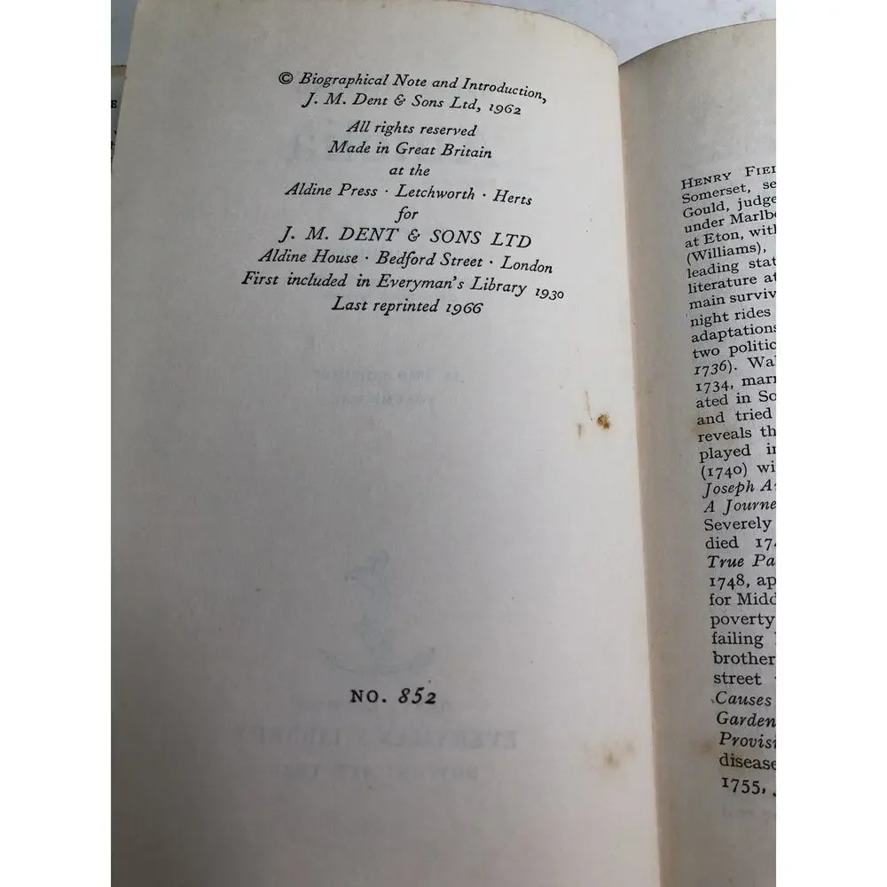 Amelia by Henry Fielding Volume 1 & 2 HC DJ 1966 Everyman's Library 852, 853